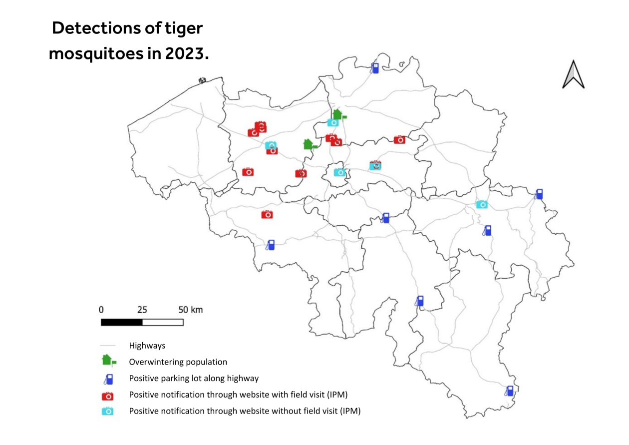 Detections of tiger mosquitoes in 2023.